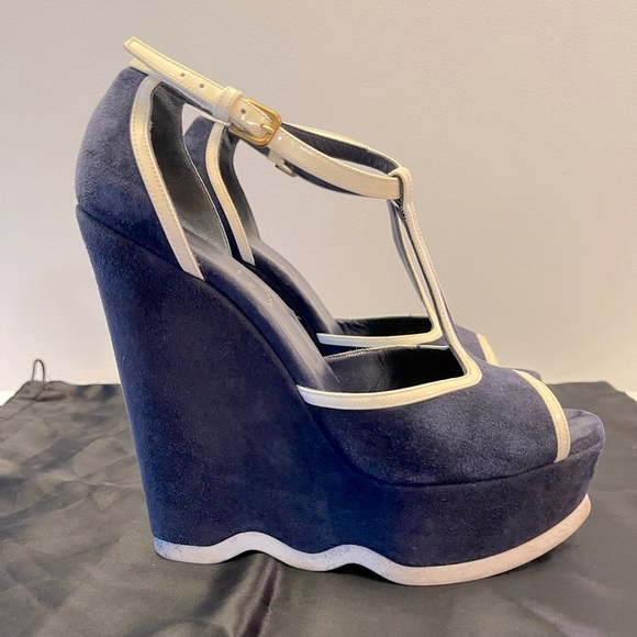 Yves Saint Laurent blue suede platform wedge 38. - Picture 2 of 10
